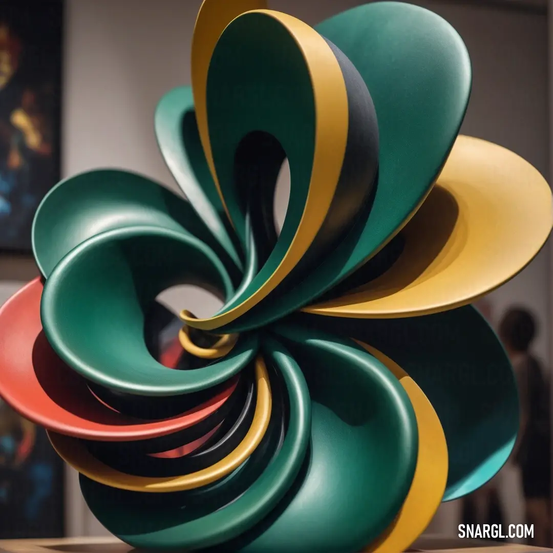 Sculpture of a spiral of colored plastic material on a table in a room with paintings on the wall. Color MSU Green.