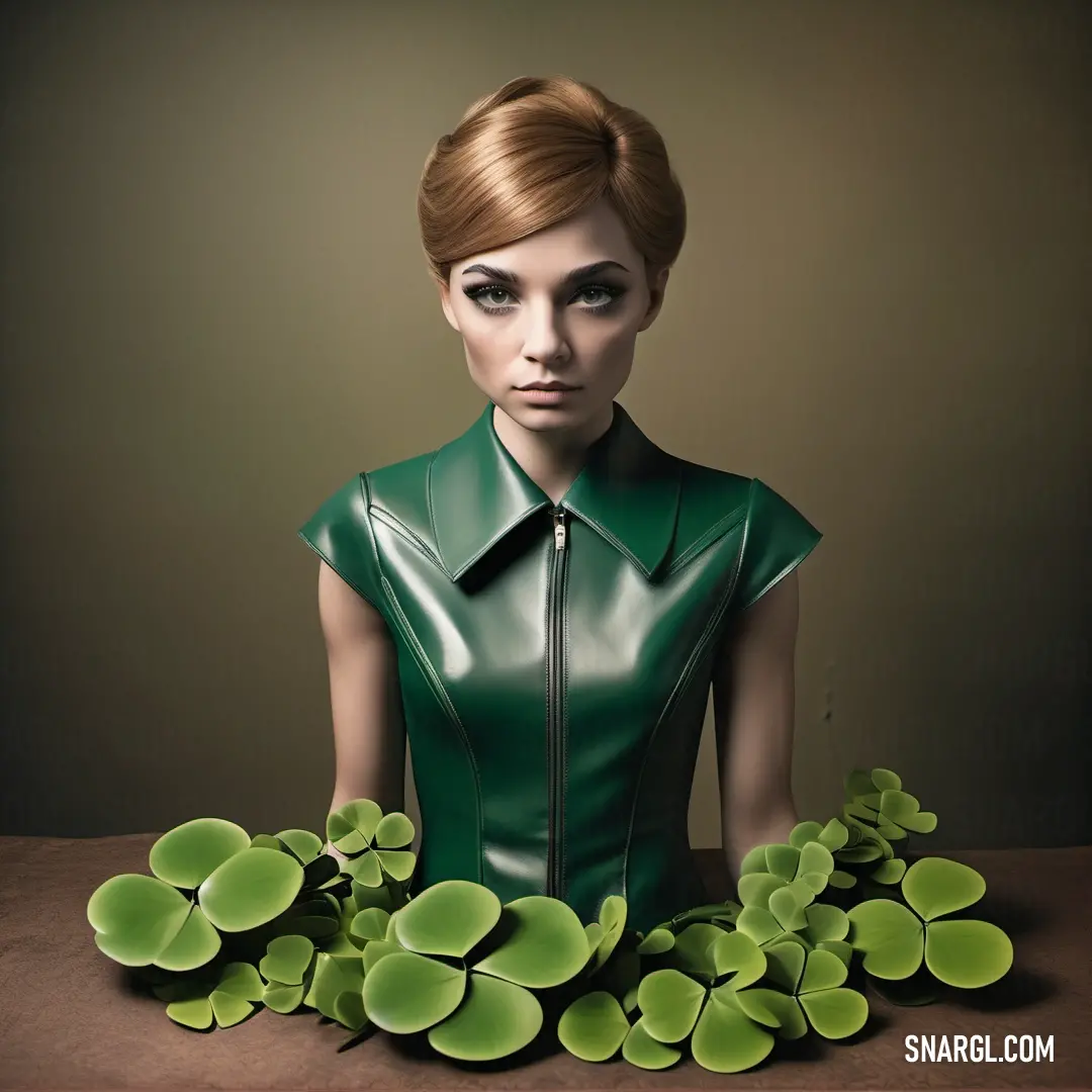 MSU Green color. Woman in a green leather dress surrounded by green leaves and flowers, with a dark background