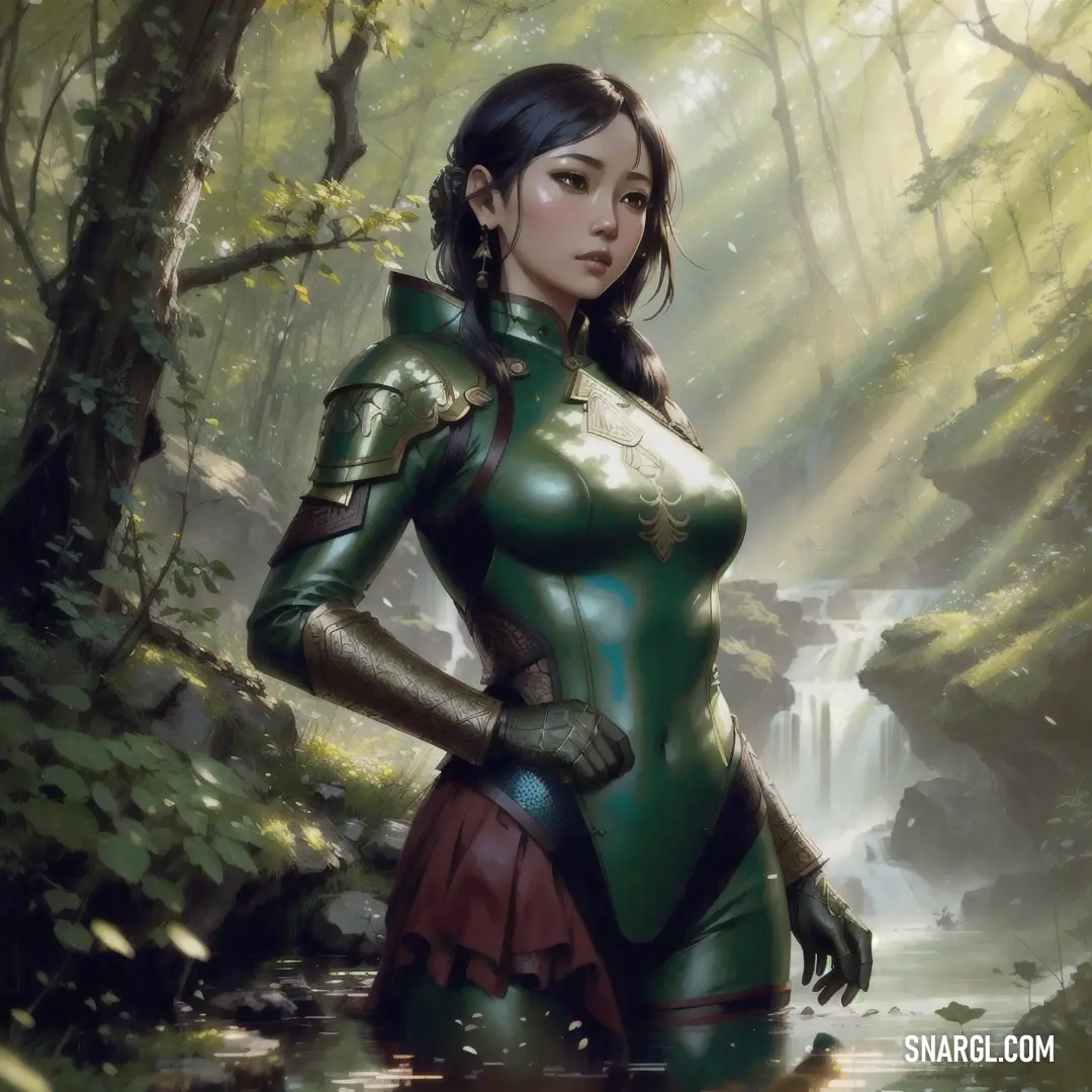 Woman in a green suit standing in a forest next to a waterfall and a waterfall with a waterfall behind her. Example of CMYK 65,0,14,73 color.