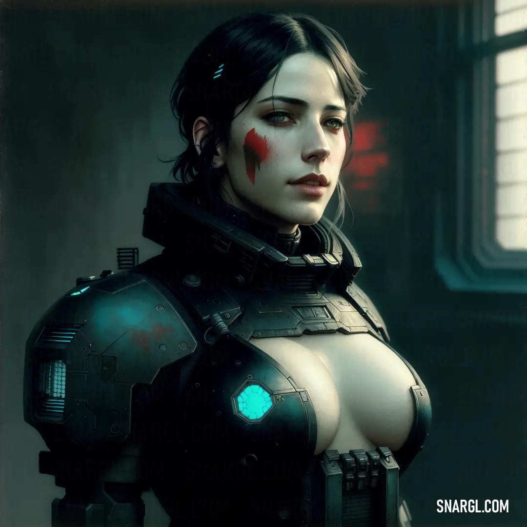 Woman with a bloody face and a futuristic suit on
