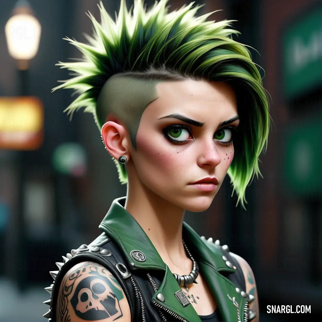 Woman with green hair and piercings on her head and shoulder. Color RGB 24,69,59.