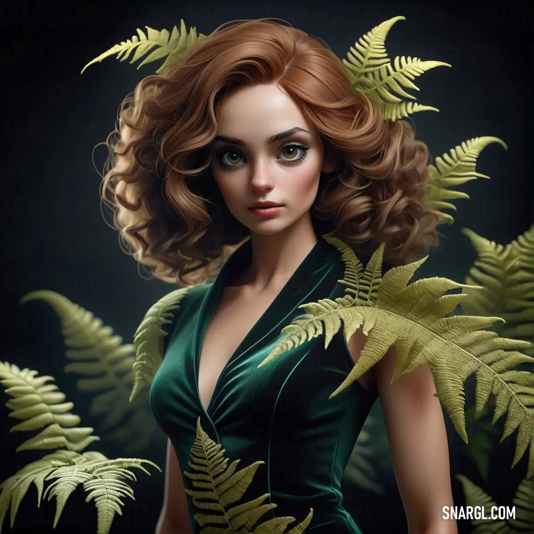 Woman with long hair and green dress surrounded by ferns and leaves, with a black background. Color MSU Green.