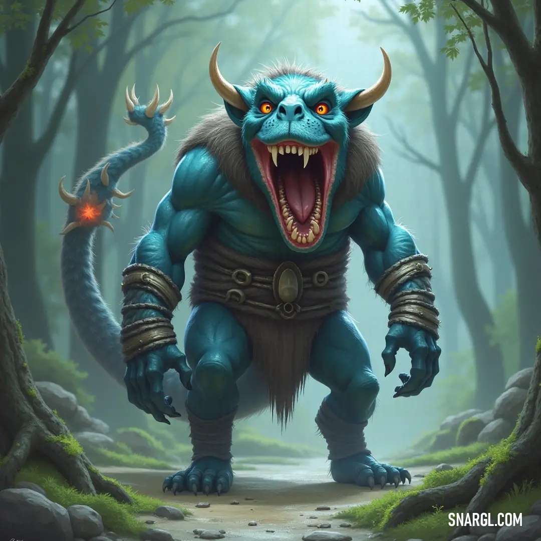 Blue Mudwhisk with a wide grin stands in the forest, a path leading curiously to a bright fire hydrant amidst a vibrant backdrop. Deep within a vibrant forest, Blue Mudwhisk showcases his enormous mouth and gleaming teeth, while a whimsical path leads toward a bright fire hydrant, creating an unexpected yet delightful focal point in this enchanting setting.