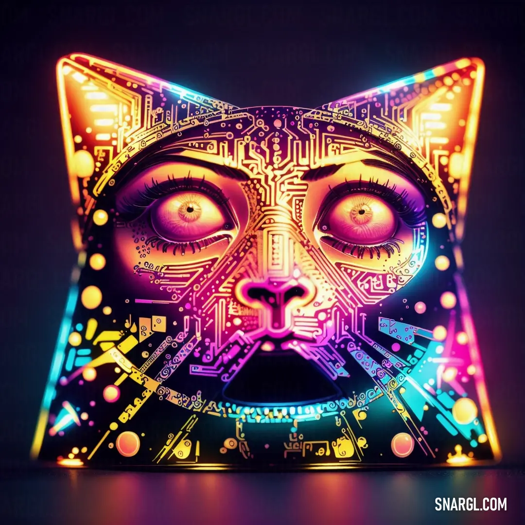 Cat with glowing eyes and a circuit board pattern on its face