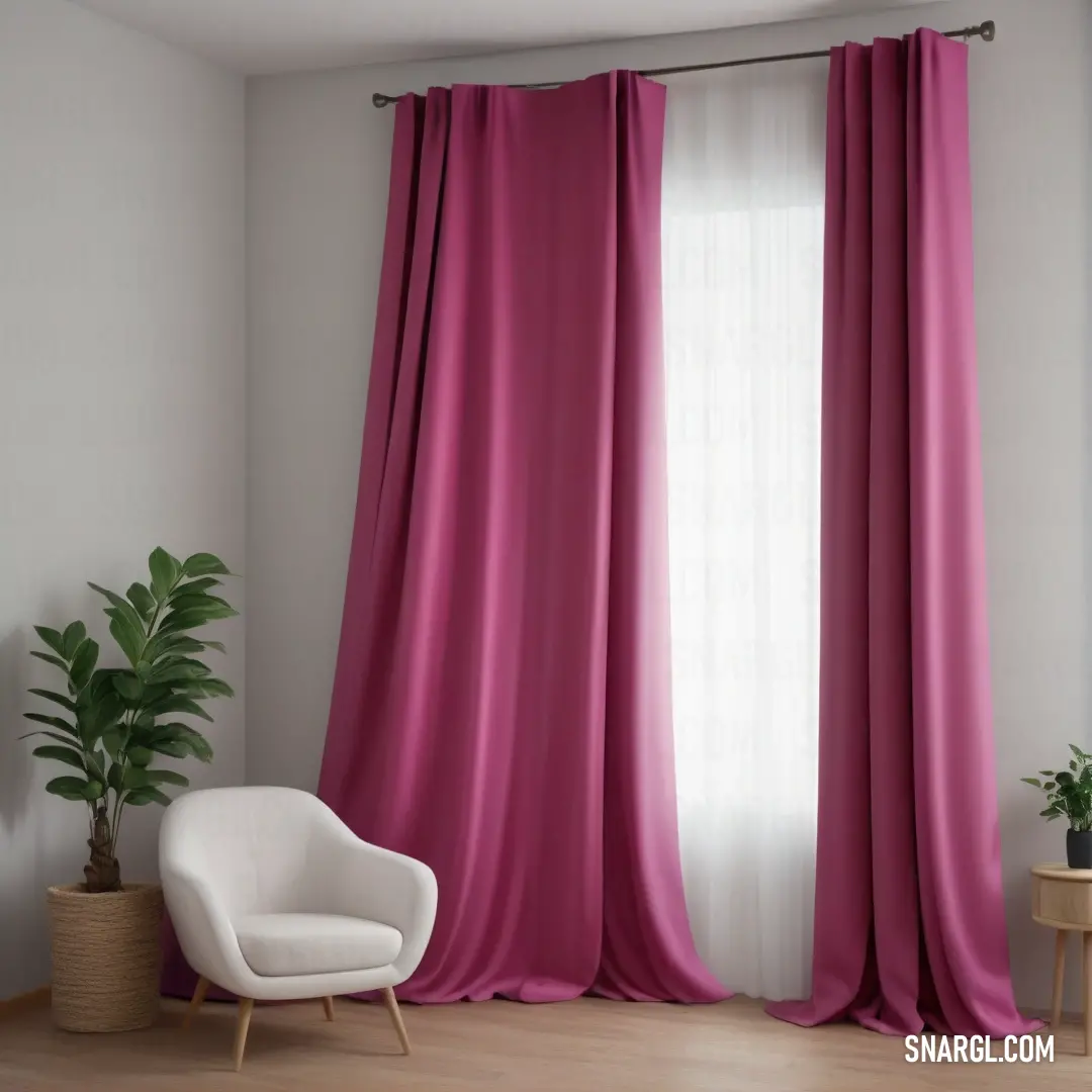Mulberry color example: Chair and a window with a curtain in it and a potted plant in the corner of the room
