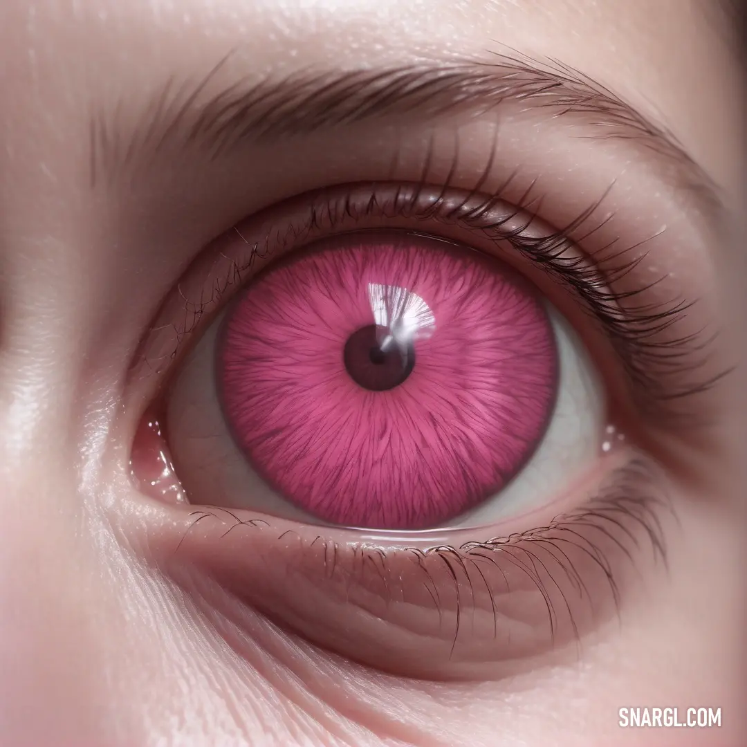 Close up of a pink eye with a white iris and a black circle around the iris of the eye. Color #C54B8C.
