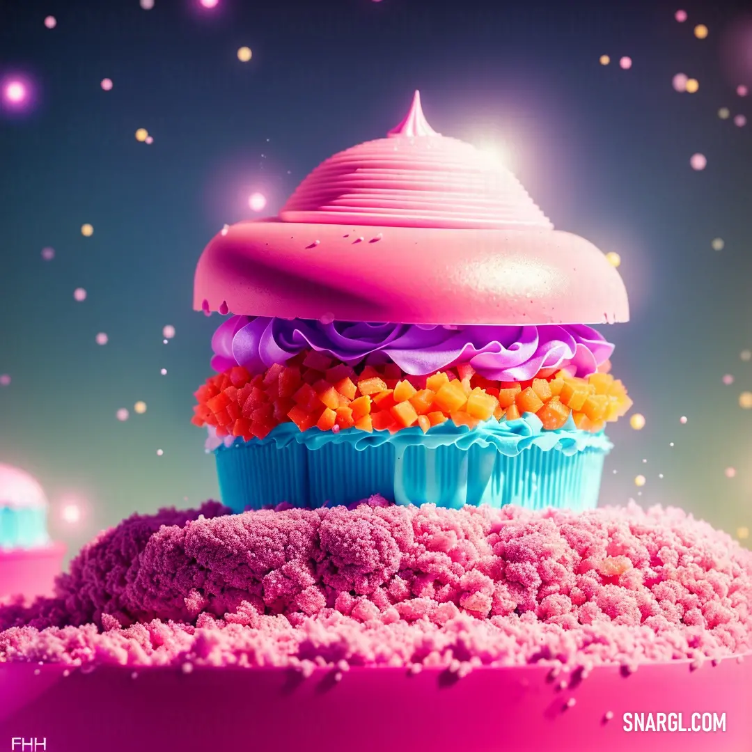 Cupcake with a pink frosting and colorful icing on top of it