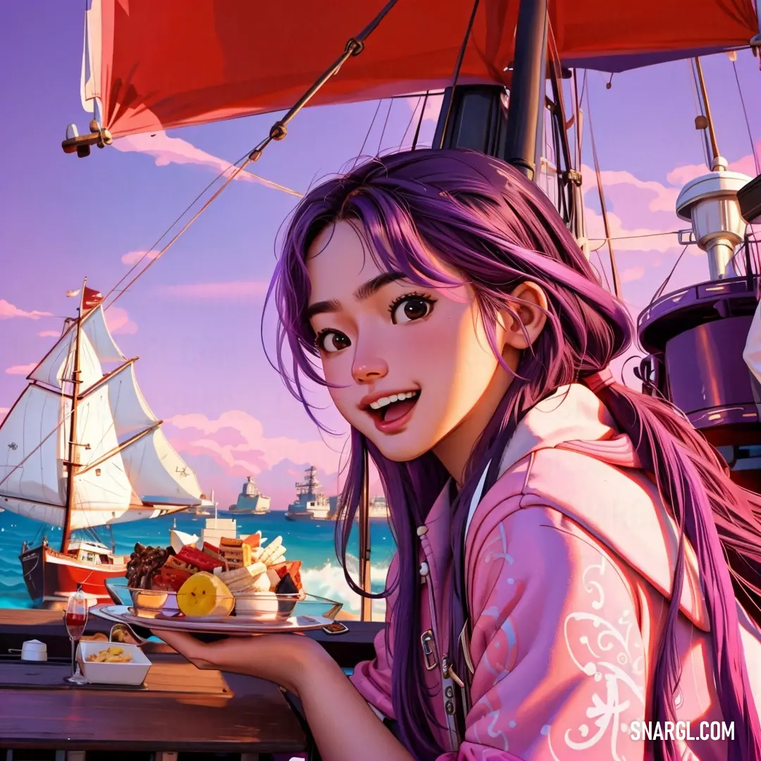 Girl with purple hair is holding a plate of food near a boat on the water and a pink sky