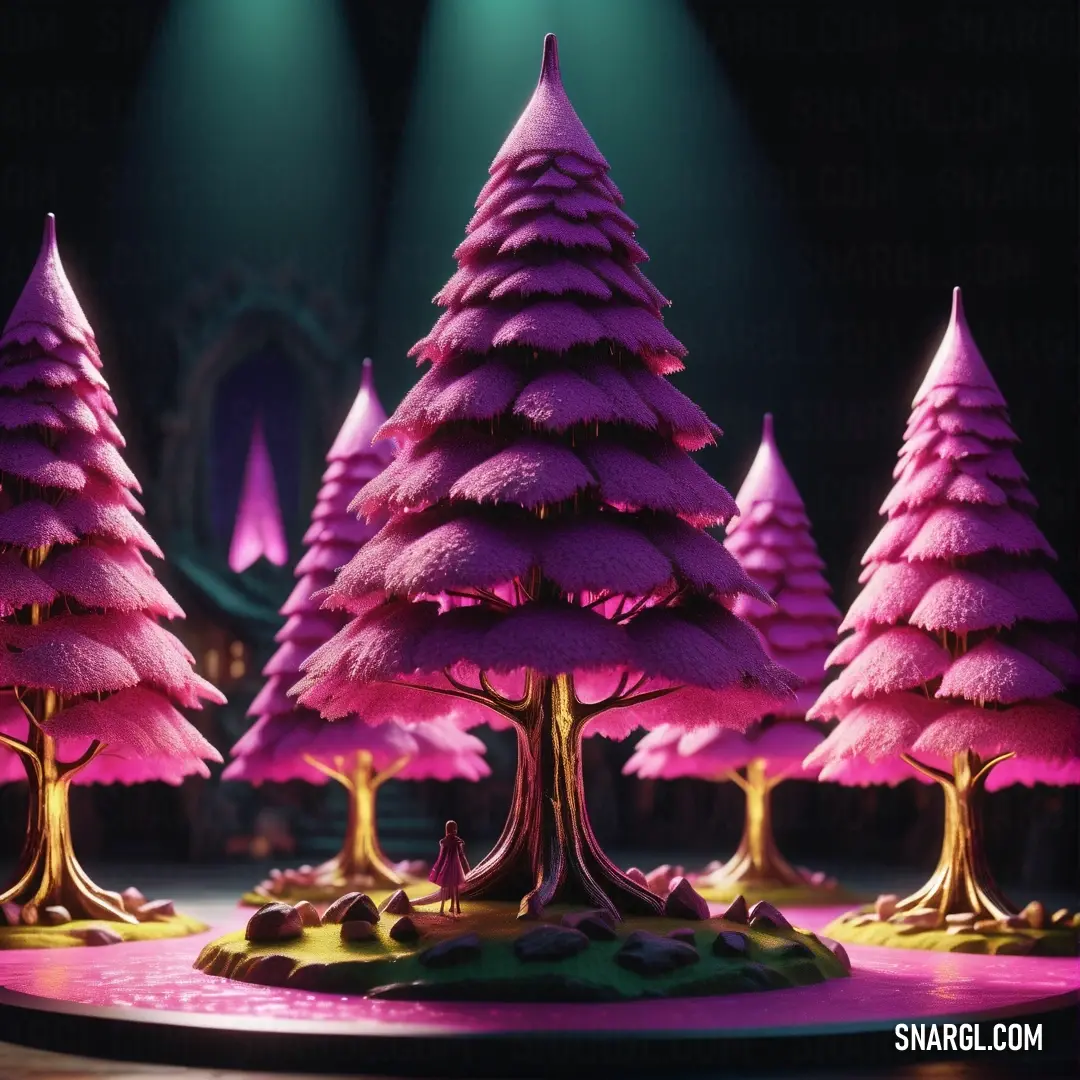Group of pink trees on a stage with lights behind them and a stage set behind them. Color CMYK 0,62,29,23.