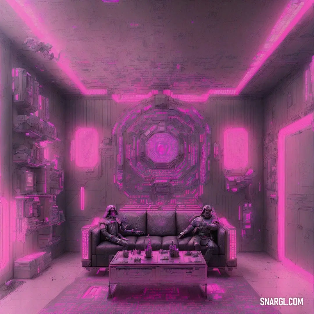 Living room with a couch and a table in it with a pink light on the ceiling and a large circular mirror
