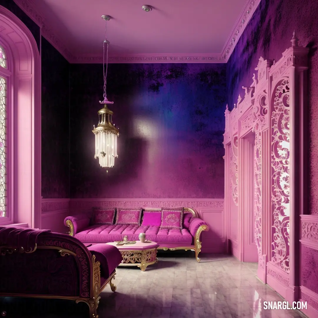 Living room with a purple couch and a chandelier hanging from the ceiling