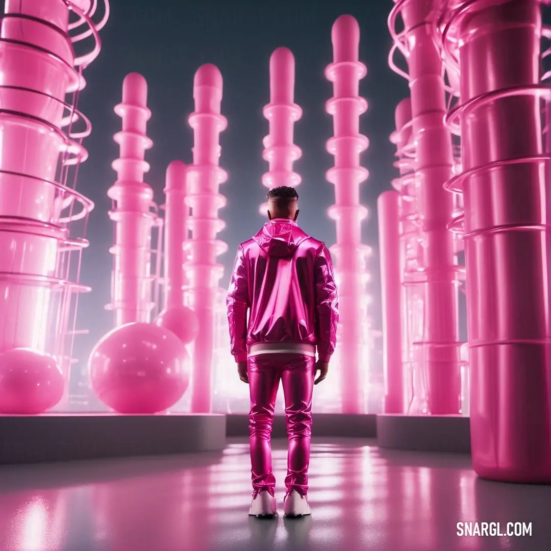 Man in a pink outfit standing in front of a pink sculpture of pink balls and tubes in a room. Color RGB 197,75,140.