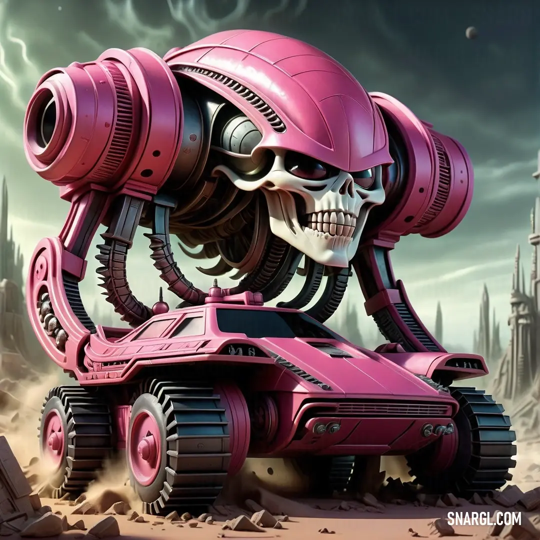 Pink robot car with a skull on it's head and a skull on the back of it. Example of #C54B8C color.