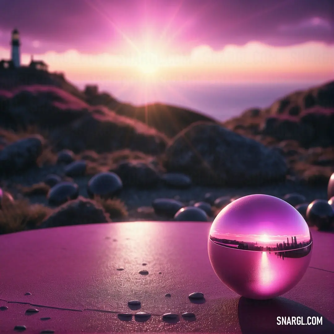 Shiny ball on top of a table next to a lighthouse on a hill with a sunset in the background. Color Mulberry.