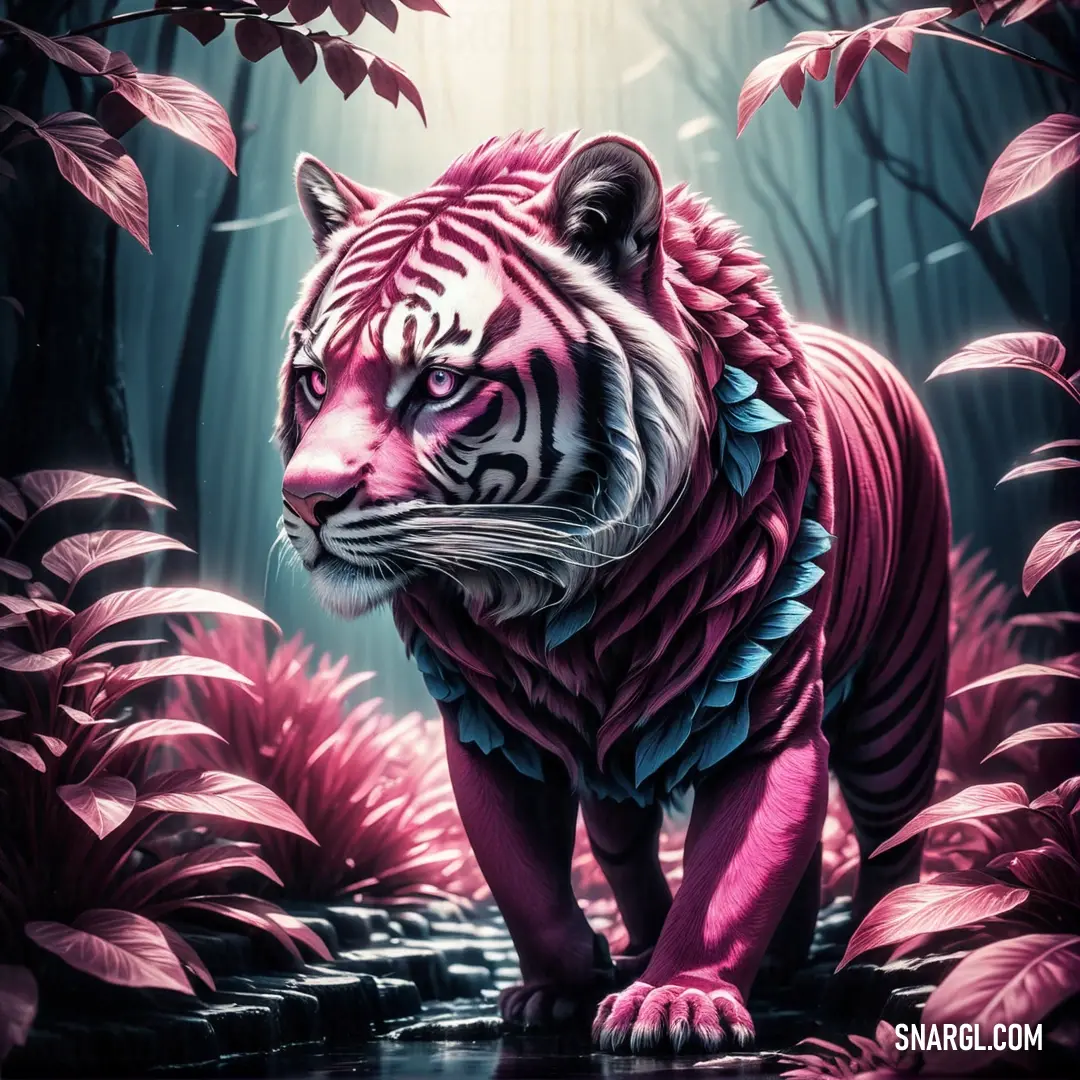 Tiger with a pink body and blue tail walking through a forest of leaves and bushes with a bright light shining on it