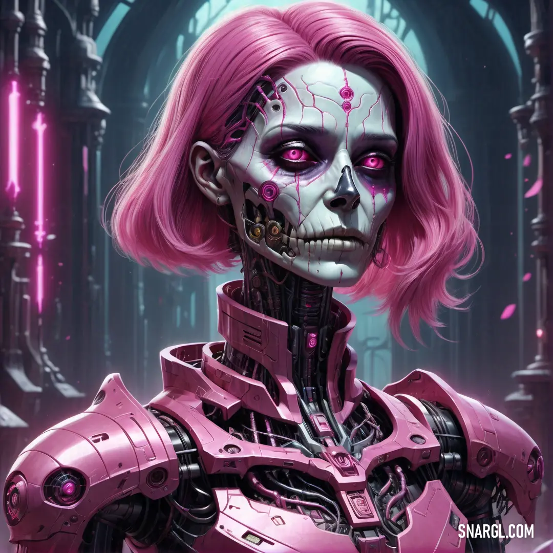 Mulberry color. Woman with pink hair and a skeleton face in a futuristic setting with a clock tower in the background