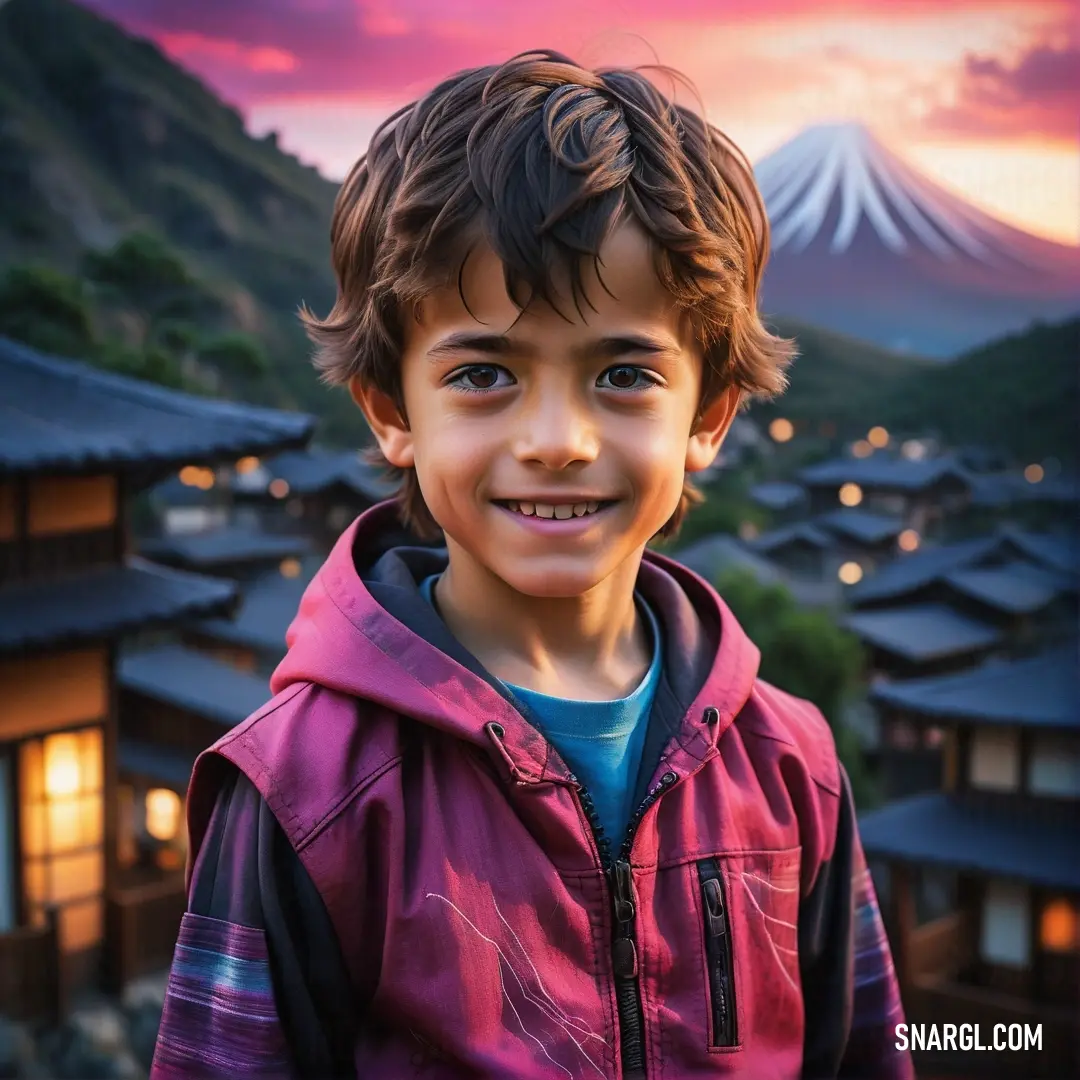 Young boy standing in front of a mountain with a sunset in the background. Color Mulberry.