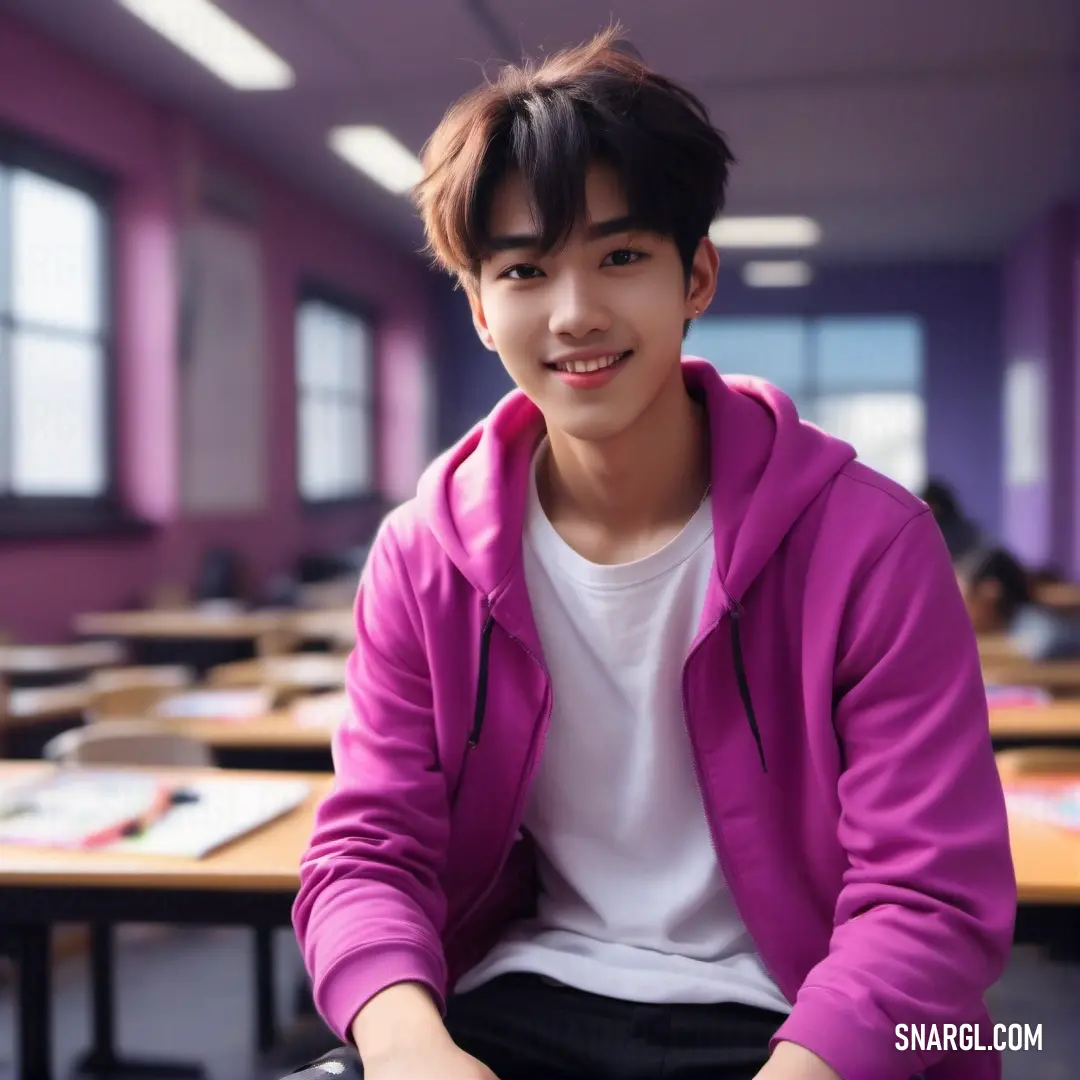 Young man on a bench in a classroom with a pink jacket on and a white shirt on. Color #C54B8C.