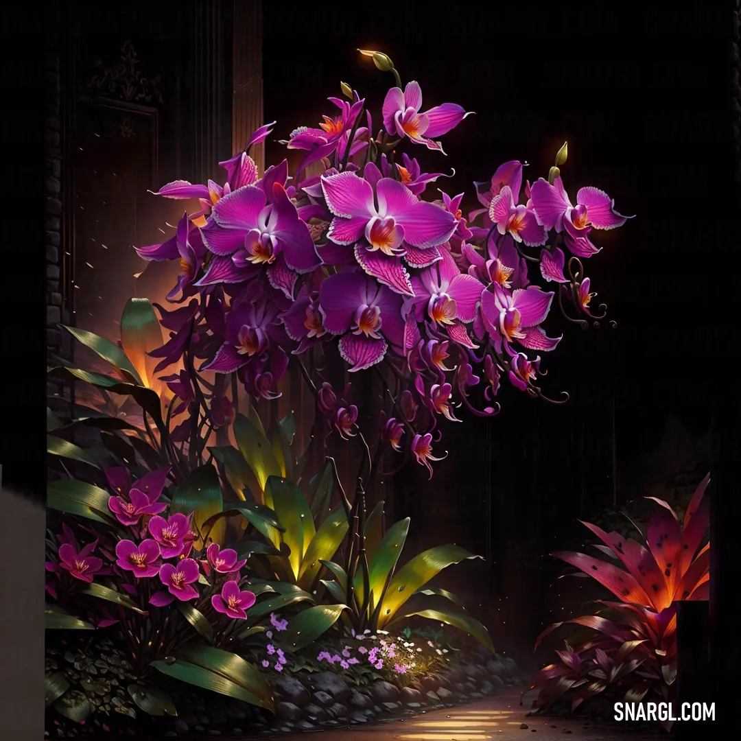 Painting of purple flowers in a garden at night time with a dark background and a light shining on the ground