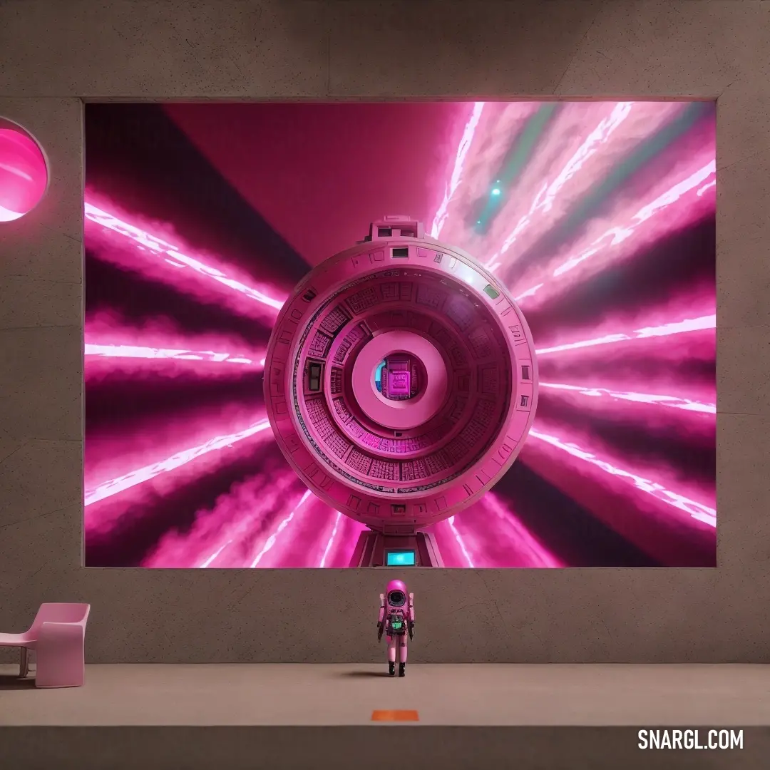 Pink and purple display with a robot in front of it and a pink light behind it and a pink chair. Color Mulberry.