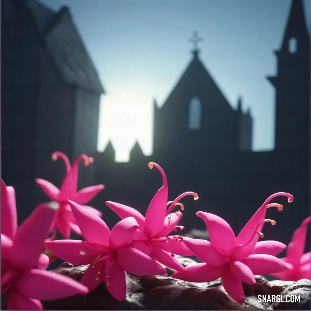 Mulberry color example: Pink flower is in front of a church with a steeple in the background and a sunlit window