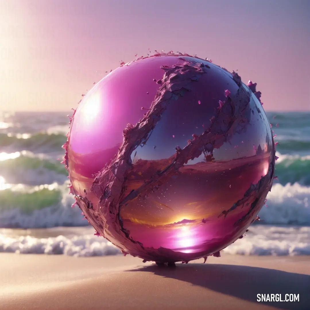 Purple ball on top of a sandy beach next to the ocean with waves coming in. Color Mulberry.