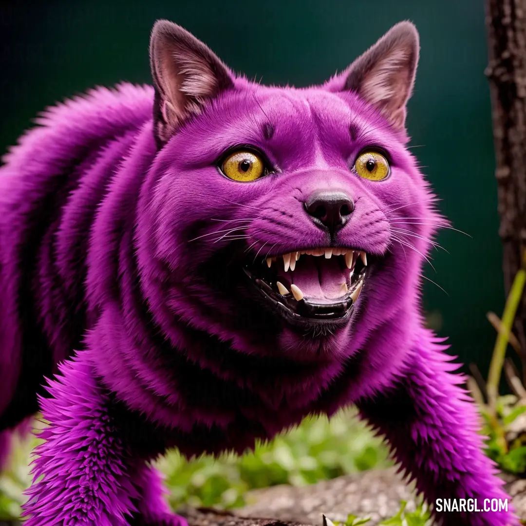 Purple cat with yellow eyes and a black nose and tail