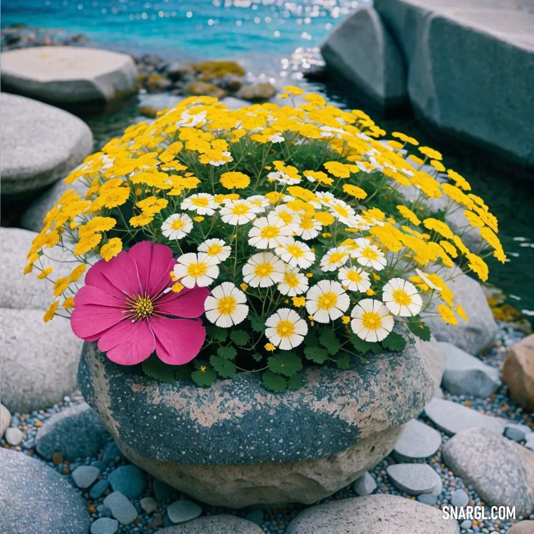 Rock with flowers growing out of it on a river bank next to rocks and water with a blue background. Example of RGB 197,75,140 color.