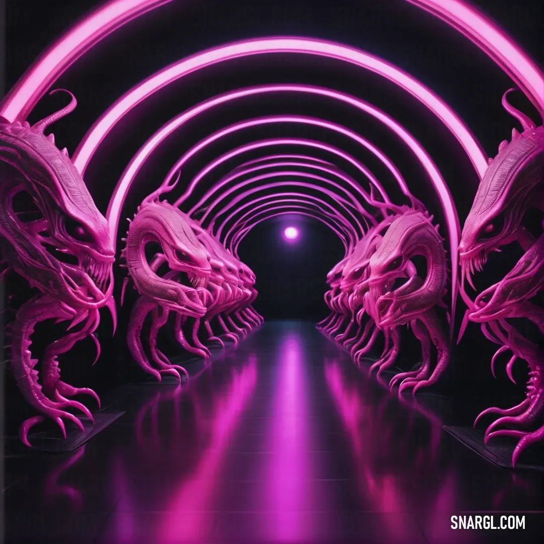 Tunnel with dragon heads and neon lights in the middle of it. Color CMYK 0,62,29,23.