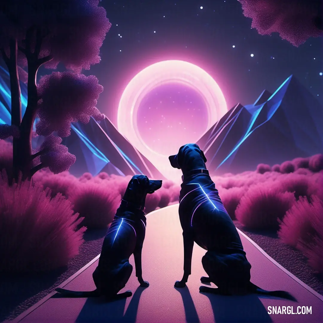 Mulberry color example: Two dogs on a road looking at the moon and mountains in the distance with a pink sky and stars