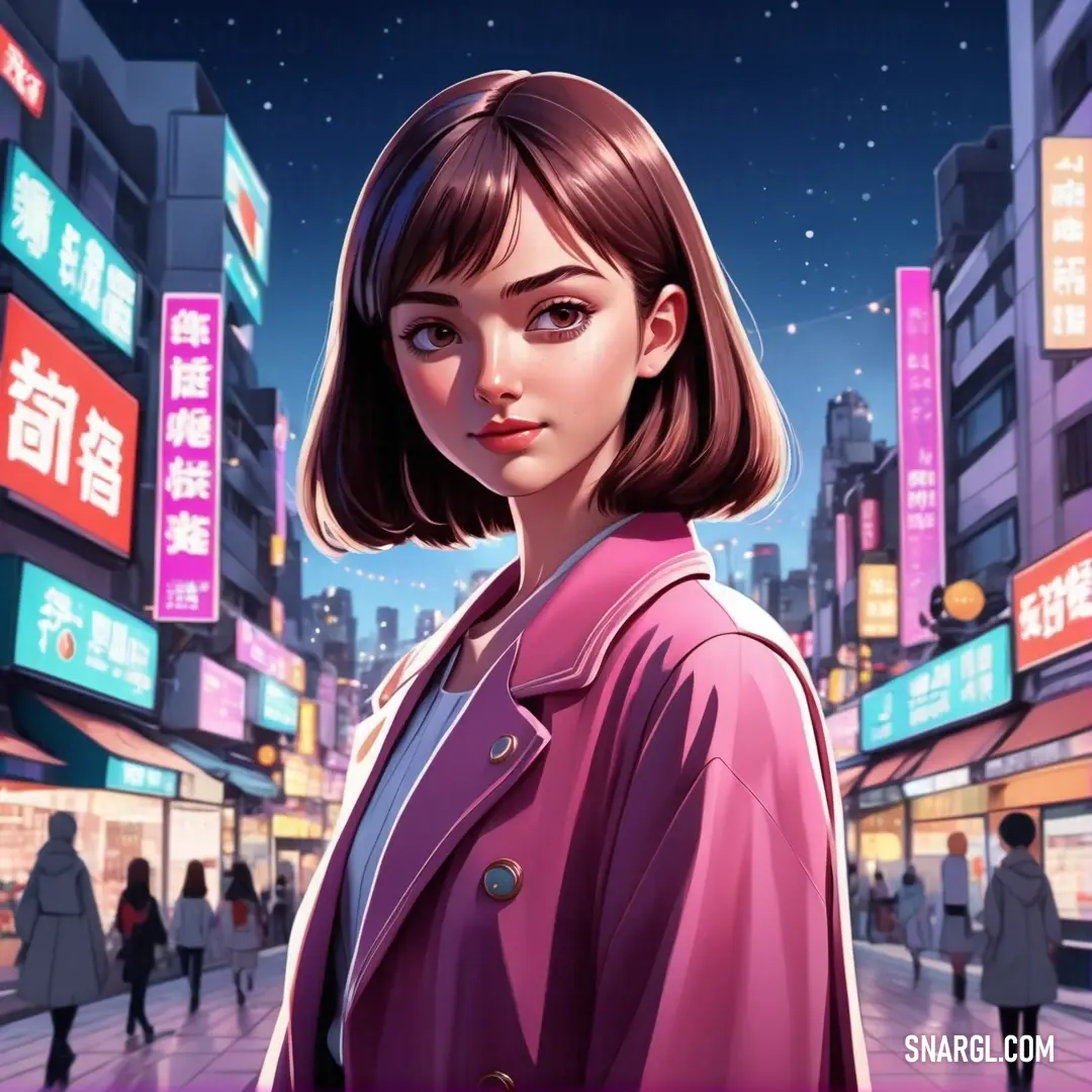 Woman in a pink coat standing in front of a city at night with neon signs and buildings in the background. Color #C54B8C.