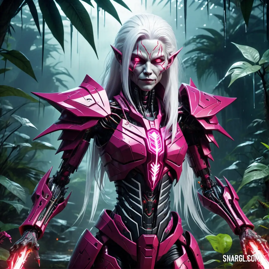 Woman in a pink suit with lights in her hands and a sword in her hand in a jungle. Color CMYK 0,62,29,23.