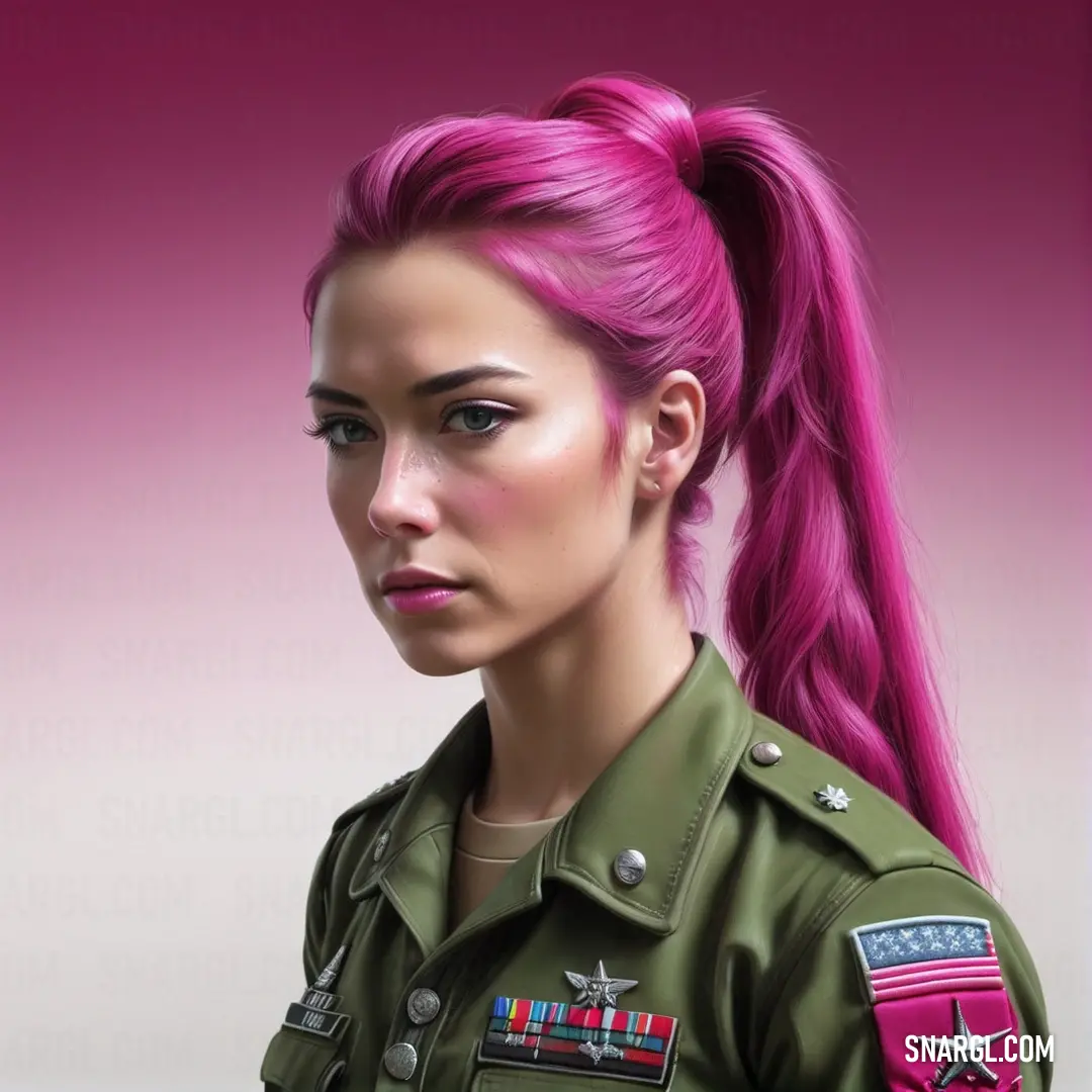 Woman with pink hair and a military uniform is shown in this digital painting style photo by john williams. Example of RGB 197,75,140 color.