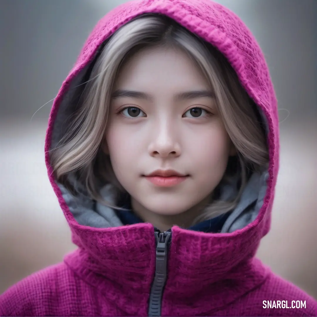 Mulberry color. Young girl with a hoodie on her head and a light shining on her face behind her head