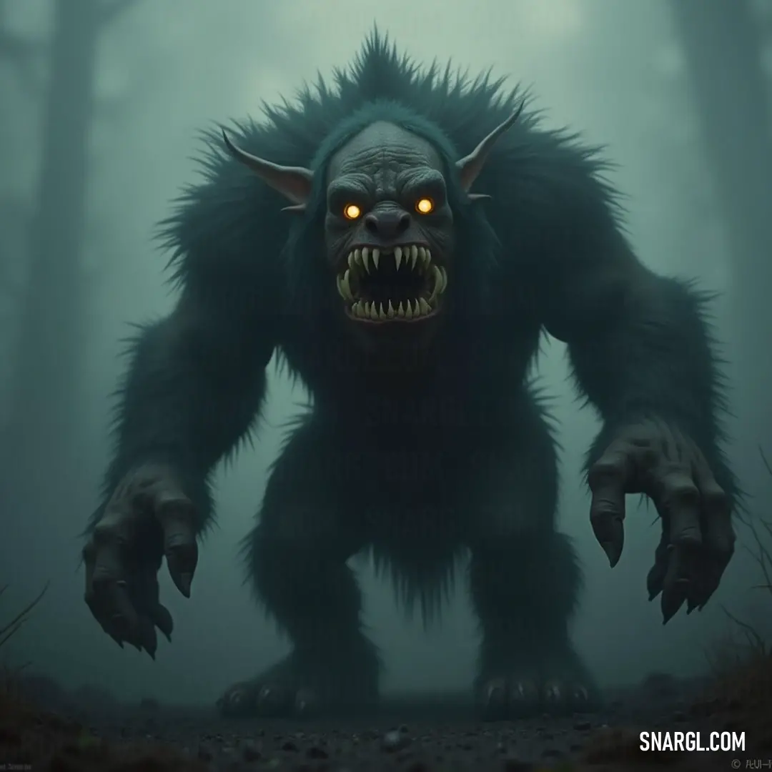Mulk emerges from a fog-laden dark forest, his glowing eyes and large mouth evoking an eerie yet fascinating presence among the towering trees, shrouded in mystery and enchantment.