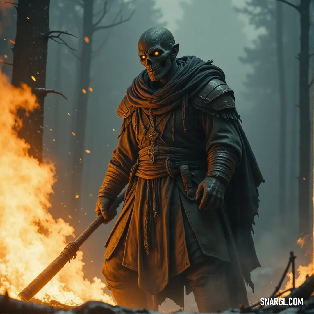 The Mummified Warrior faces the fire, sword raised and skull helmet solidifying his haunting presence. A mummified warrior stands resolute in front of a roaring fire, clutching a sword in one hand while a skull rests upon his head, a testament to his cursed existence.
