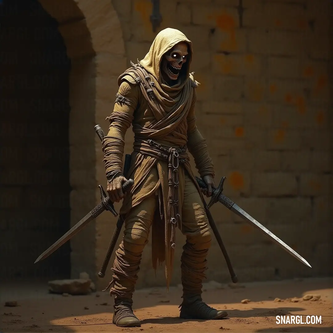 The Mummy, armed with two gleaming swords, stands poised in a dimly lit chamber, its eyes cold with the promise of ancient wrath. A mummy draped in ancient, tattered cloths stands in a dark, shadowy room. With two gleaming swords in hand, the figure's piercing gaze emanates an aura of unyielding power, surrounded by the chilling stillness of the brick walls.