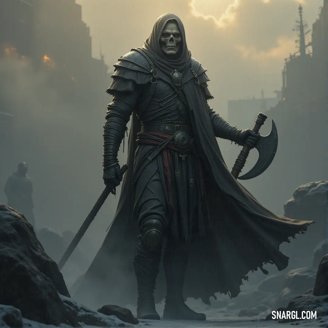 Mummy Lord in a hooded cloak, wielding an axe and sword, standing in a snowy landscape with a city backdrop A Mummy Lord, draped in a hooded cloak, holds a massive axe and sword. Standing in a snowy landscape with a distant city on the horizon, this ancient warrior exudes an aura of death and forgotten power.