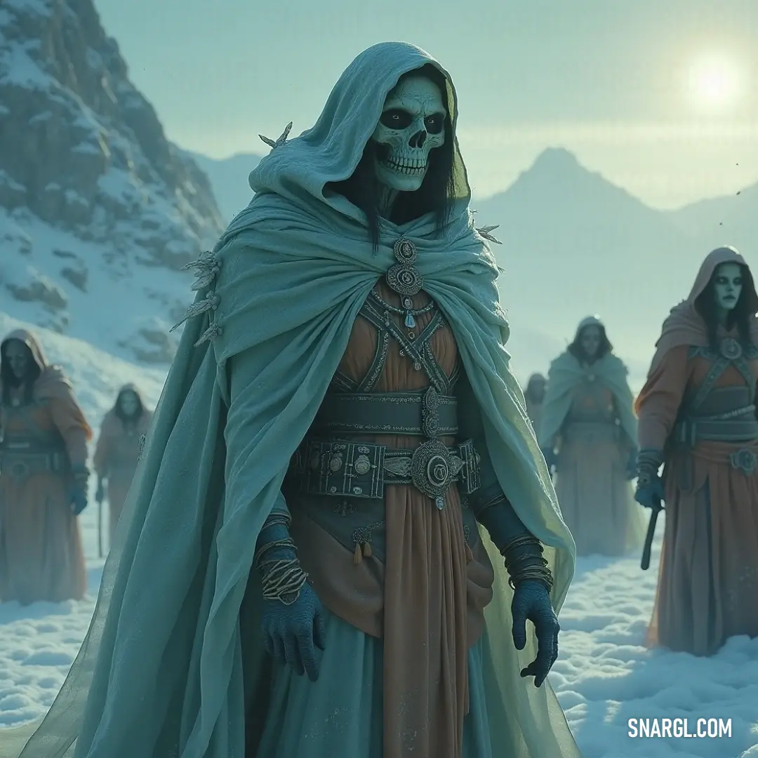 Costumed individuals merrily posing amid a serene snowy mountain landscape. A group of costume-clad revelers stands confidently in a snowy landscape, their vibrant attire contrasting against the backdrop of majestic mountains, where the crisp, cold air appears to hold onto the echoes of laughter and celebration.