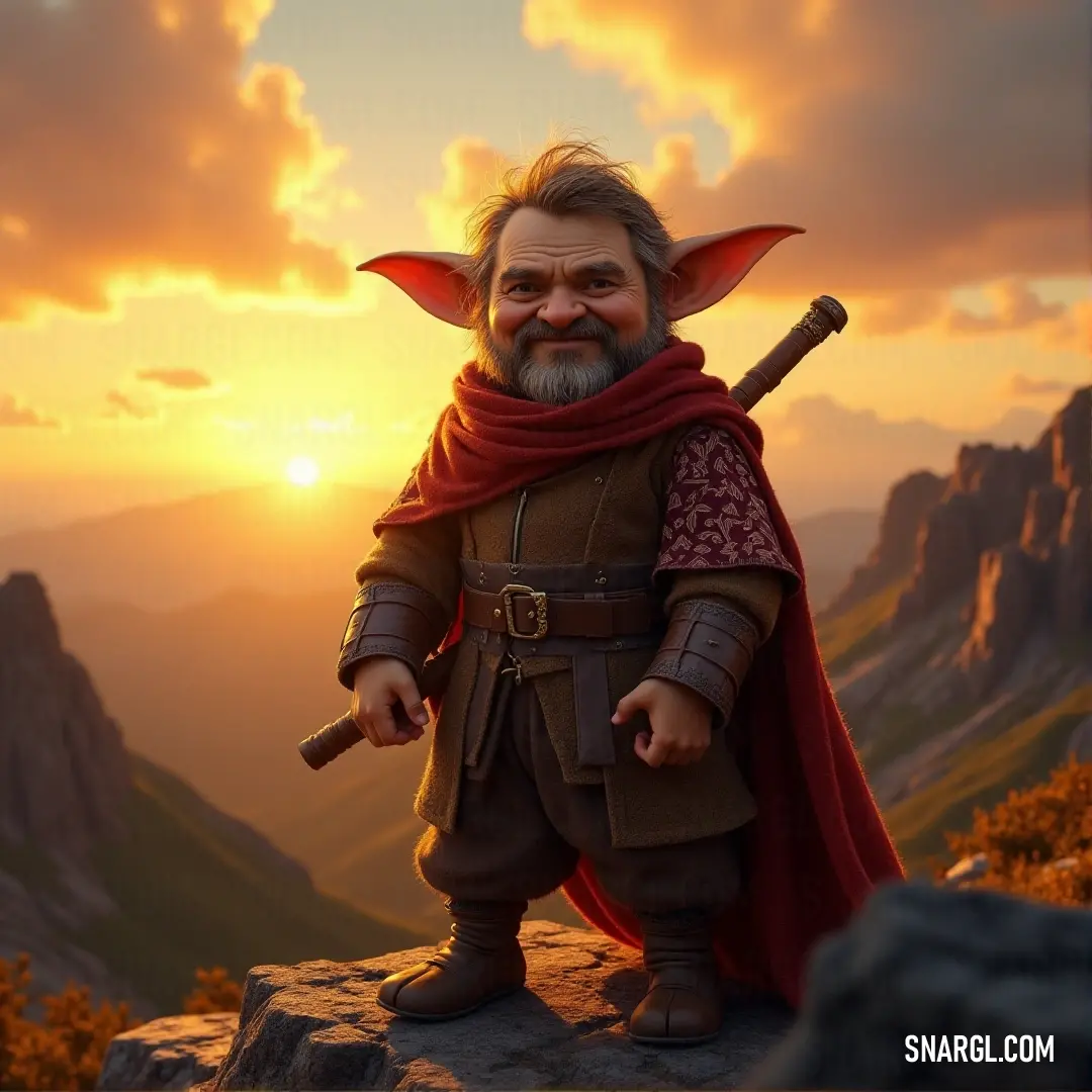 Atop a mountain, Mungo Baggins, draped in a red cape, gazes at the setting sun, embodying the spirit of adventure and the thrill of discovery in a vast, untamed world. Mungo Baggins, wearing a red cape and beard, stands triumphantly atop a mountain, with the vibrant hues of a sunset painting the sky behind him. He gazes forward, a figure of adventure and determination.