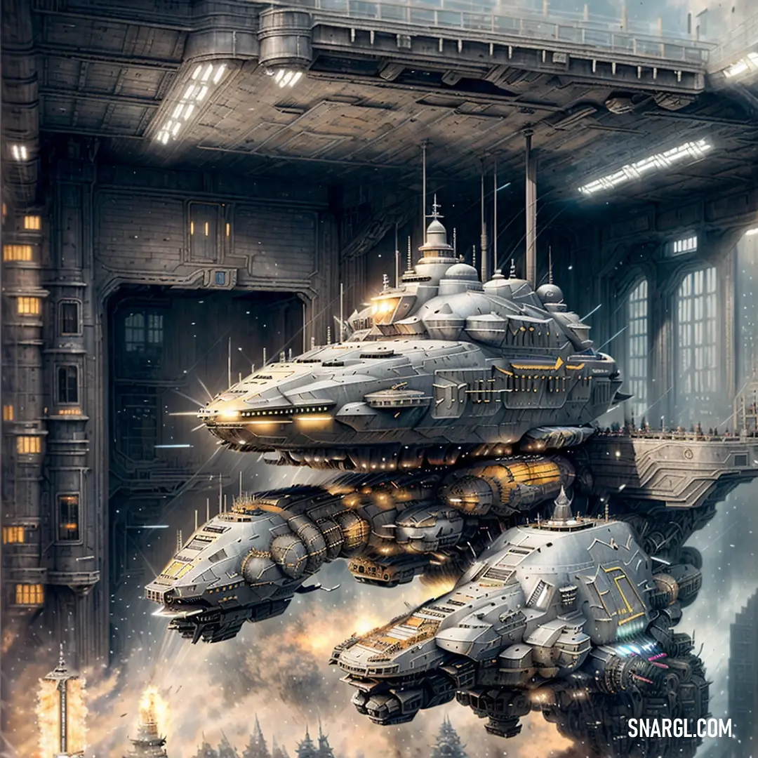 Futuristic city with a massive ship in the middle of it's ceiling and a lot of smoke