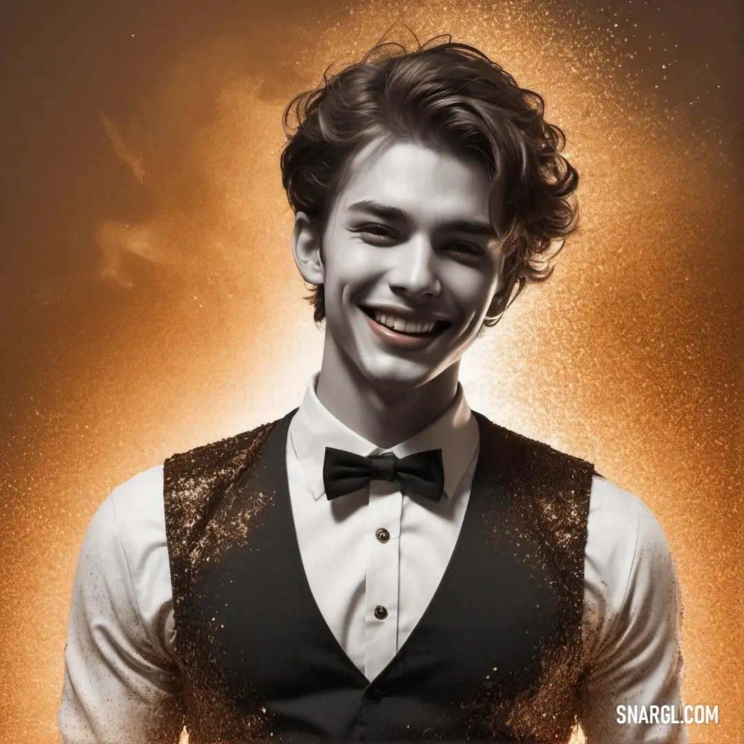 Man with a bow tie and a vest on smiling at the camera with a gold background. Color #F2F3F4.