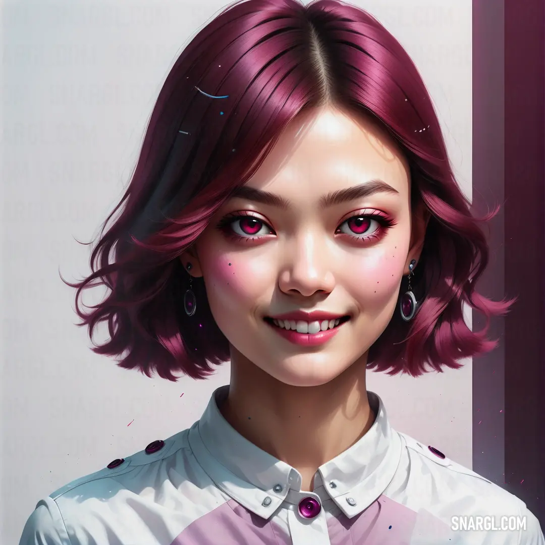 Munsell color. Digital painting of a woman with pink hair and earrings on her head and a white shirt on her shirt