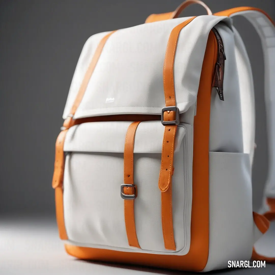White backpack with orange straps on a gray background. Color #F2F3F4.
