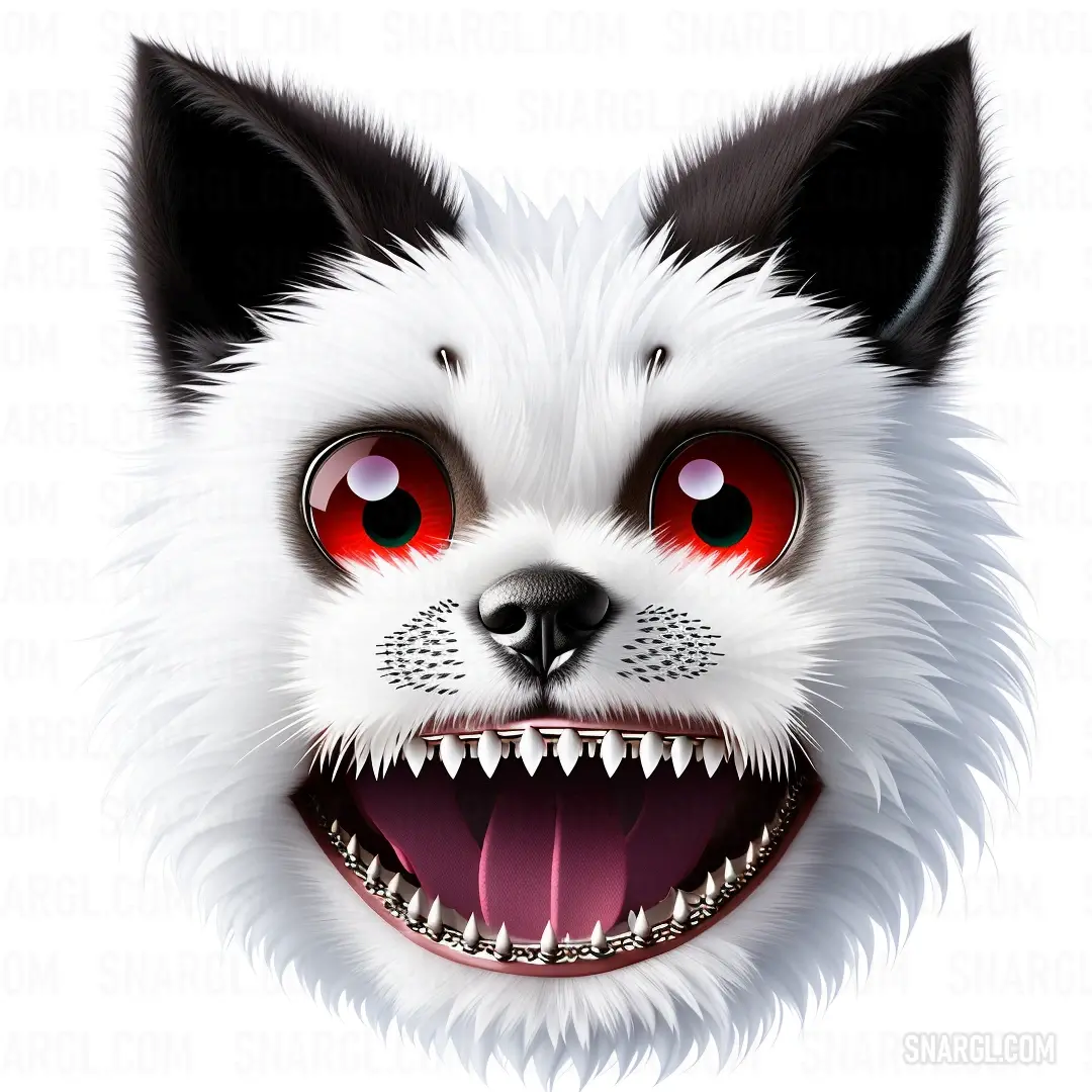 White furry dog with red eyes and a big grin of teeth on it's face