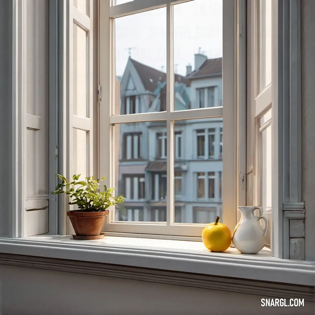 Window sill with a potted plant and a vase on it and a window sill with a house in the background. Example of RGB 242,243,244 color.