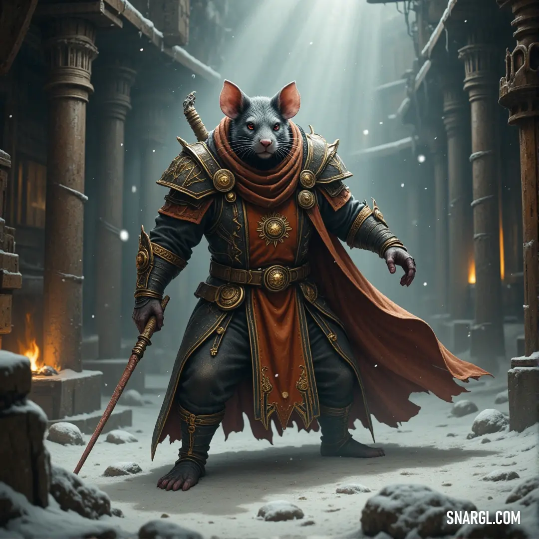 A brave armored mouse standing in a snowy alley, with a mysterious beam of light shining from behind. A brave mouse, dressed in medieval armor, stands resolutely in a snowy alleyway, a beam of light shining from behind as if guiding the way forward.