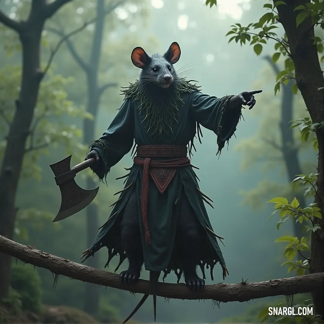 Murt, a brave fighter in a dense forest, grips an axe in one hand while pointing skyward with a paw on a wooden staff. His gaze is focused, commanding the environment around him.