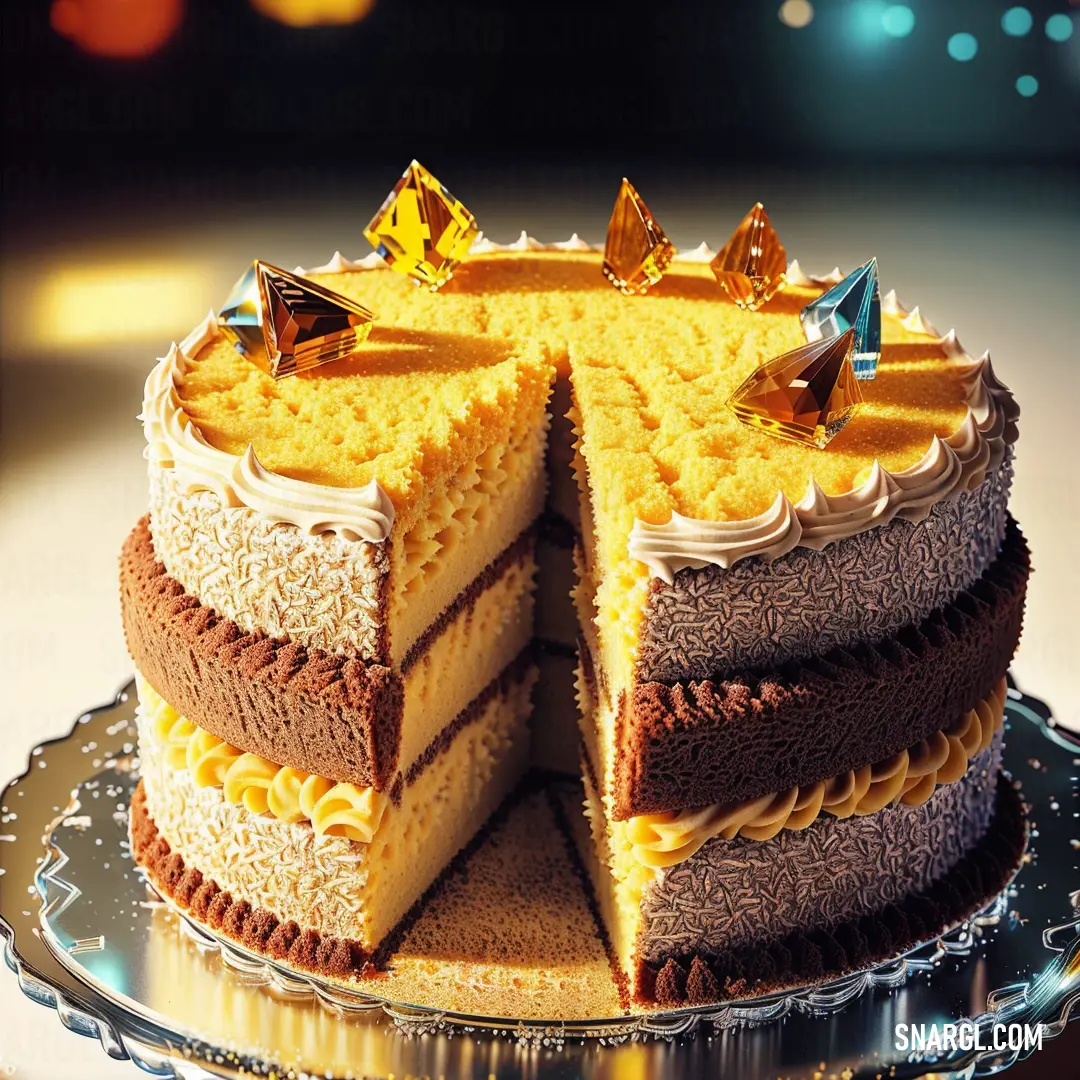 Mustard color. Cake with a slice cut out of it on a plate with a lit background