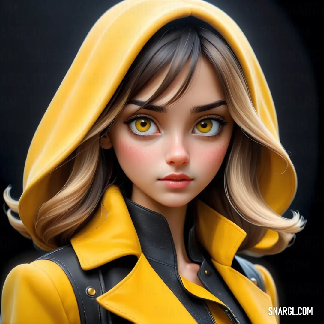 Cartoon girl with a yellow hoodie and black jacket on her head and yellow eyes and hair